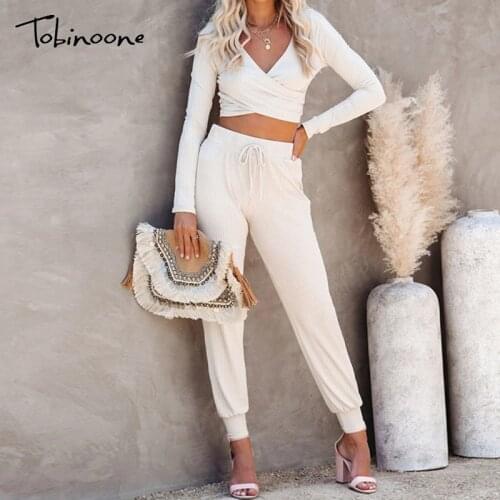 Tobinoone Casual Solid Winter Two Piece Set Women V Neck Long Sleeves Crop Top Drawstring Pants Tracksuit Home 2 Piece Set 2020