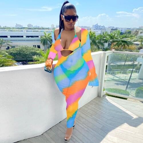Mesh Leopard Striped Tie Dye Print Two Piece Tracksuit Women Beachwear Bra Tops and Long Sleeve Skinny Jumpsuit Co-ord Outfits