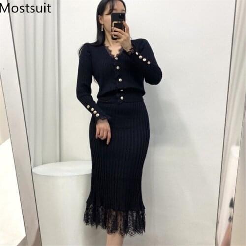 Lace Patchwork Knitted Two Piece Skirt Sets Outfits Women 2021 Spring V-neck Cardigan + Pencil Skirt Korean Elegant Matching Set