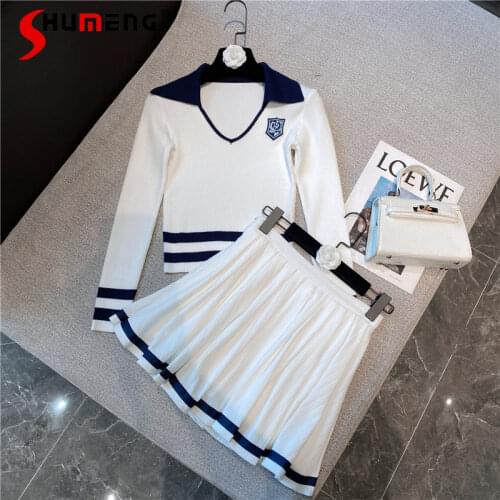 2021 Autumn New Fashionable Sweet Sexy V-neck Striped Knitted T-shirt Top High Waist Pleated Two-Piece Overskirt Suit Womens