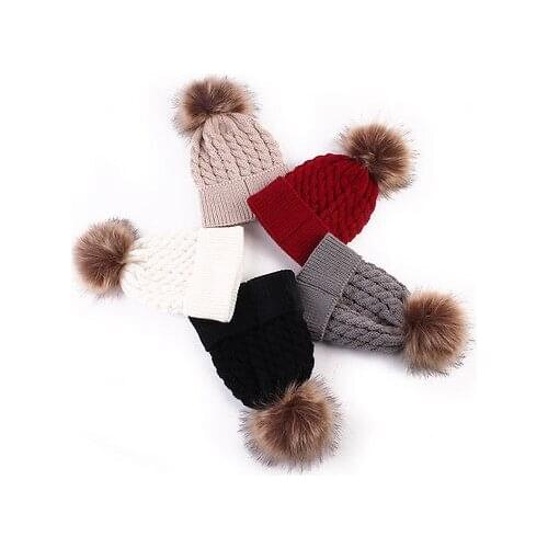 Winter Women Girls Boys Winter Warmer Wool Fur Kids Cap Pompom Ball Baby Knitted Hat Caps