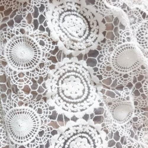 1 Yard Ecru Retro Circle Cotton Lace Fabric Floral Crochet Scalloped Edging lace fabric Tulle Lace For maxi dress, Boho Wedding