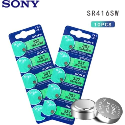 10pc Sony Original 337 SR416SW 1.55V Silver Oxide Watch Battery SR416SW 337 LR416 SB-A5 Button Coin Cell MADE IN JAPAN