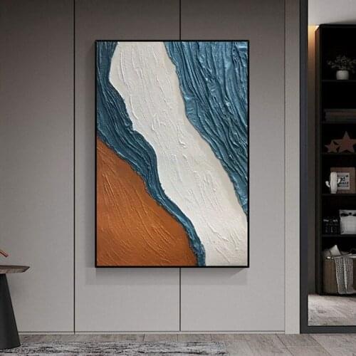 100% hand-painted blue wave abstract painting oil painting modern wall art living room frameless painting home hanging painting