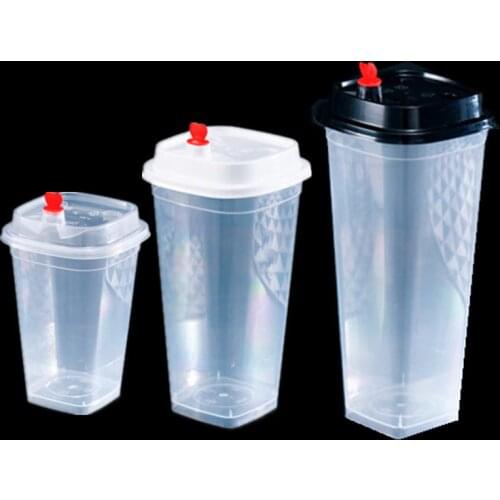 50pcs Disposable transparent thick square injection cup milk tea plastic beverage juice coffee cold drink packaging cup with lid