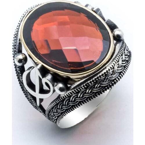 925 sterling Silver Red Zircon Stone Aleph Vav Detailed Ring