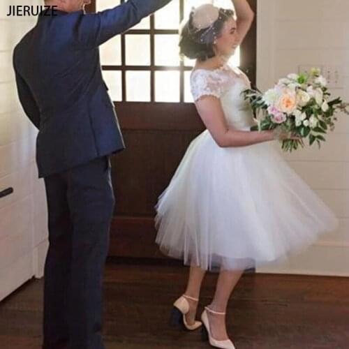 JIERUIZE White Lace Tea Length Summer Wedding Dresses Short Sleeves Lace Up Back Beach Short Bridal Gowns Vestidos De Noiva