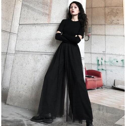 Spring summer womens casual loose black mesh pants female high waist wide leg loose pants TB894