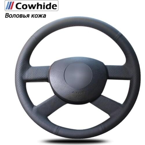 Handsewing Black Genuine Leather Steering Wheel Covers For Volkswagen VW Polo 2003 2004 2005 2006