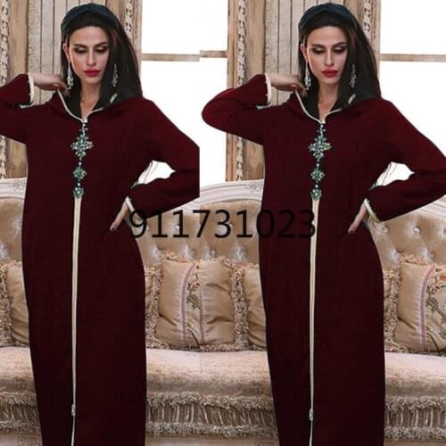 Dubai Abaya Djellaba Moroccan Kaftan women diamond braided finish with long sleeved Muslim hijab Maxi dress Arabic Islamic cloth