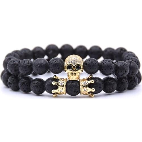 HYHONEY 2PCS/set 8mm Lava stone bracelets Pave CZ Skull Charms Bracelets For Men&Women Jewelry Pulseras moda 2018