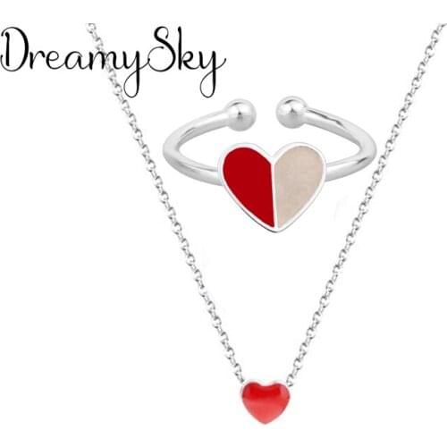 Korean Wedding Bridal Jewelry Sets Heart Choker Necklaces Red Big Rings for Women Dubai Silver Color Statement Jewelry