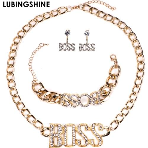 Punk Crystal Letter Boss Pendant Necklace Earrings Bracelet Gold Silver Color Long Cuban Chain Hip Hop Jewelry Set for Men Women