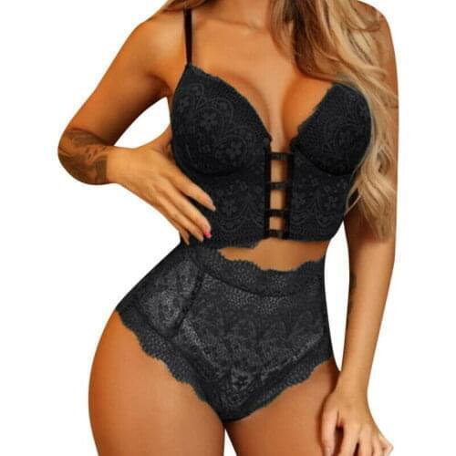 2 Pcs Women Underwear Lingerie Deep V Transparent lace underwear Sexy Push Up Lace Bra Bandage High Waist Panties Suit Set 2021