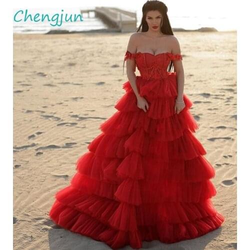 Chengjun Off Shoulder Ruffles Beaded Tulle Red Wedding Dress