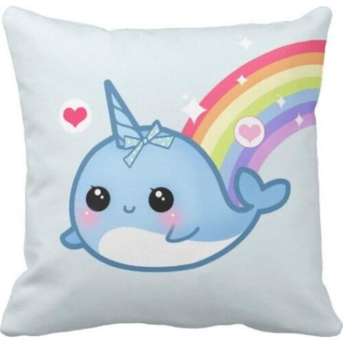 Cute Baby Narwhal Rainbow Throw Pillow Case Novelty Lovely Narwhal Cushion Cover for Kids Blue Girl Boy Room Decor Sea Unicorn