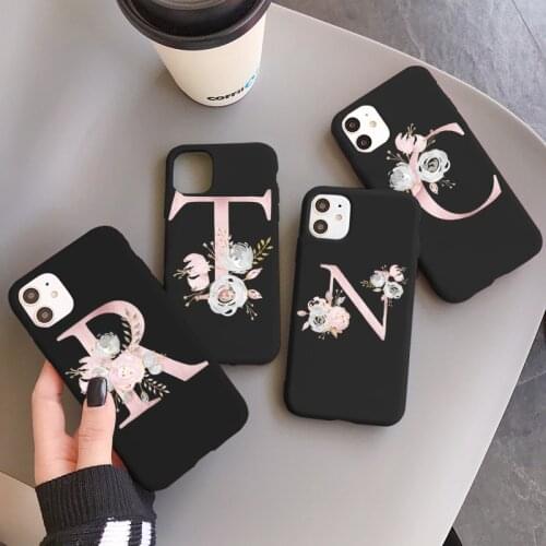 For Samsung Galaxy A22 A12 A21S A50 A51 A52 A70 A71 A72 A32 A30 A31 A40 A10 Pink Alphabet Letter Floral Black Soft Silicone Case