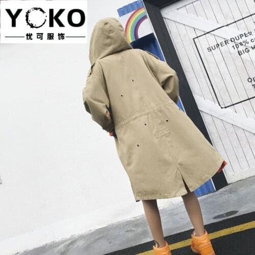 YOKO New 2019 autumn fashion original loose ins sequins coat back stomata hooded long section Korean coat windbreaker female