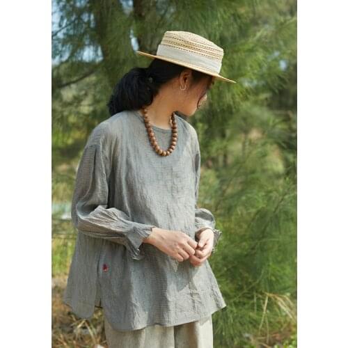 Hign end good view Japans ethereal silk cotton Zen striped pullover Women' Shirt 0401