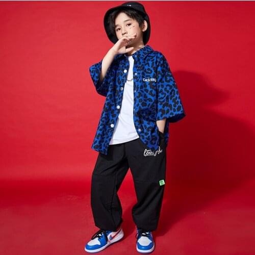 Kids Hip Hop Clothing Blue Print Oversized Leopard Shirt Top Streetwear Jogger Pants for Girls Boy Dance Costumes Clothes