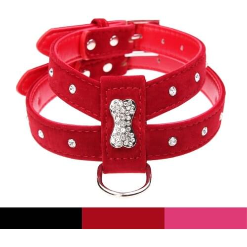 3 Color Bling Rhinestone Bone Velvet & Leather Pet Puppy Dog Harness Dog Collar Chihuahua Teacup Care for Medium Dog