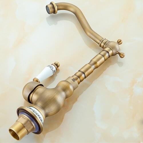 Deck Mounted Antique Brass Bathroom Sink Mixer Faucet With Ceramic Handle Hot and Cold Water Face Mixer Tap