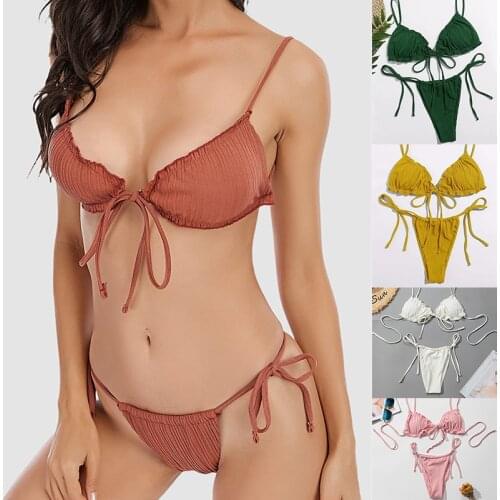 Sexy Solid Color Bikini 2021 Swimsuit Women Thong Swimwear Bandage Bikini Set Ribbed Summer Bathing Suit Brazilian Swimming Suit