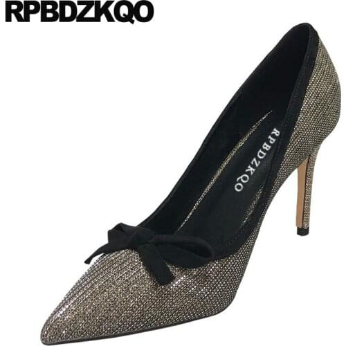 Prom shoes 2019 ladies dress party glitter pumps pointed toe stiletto thin size 4 34 sparkling scarpin bow 3 inch high heels new