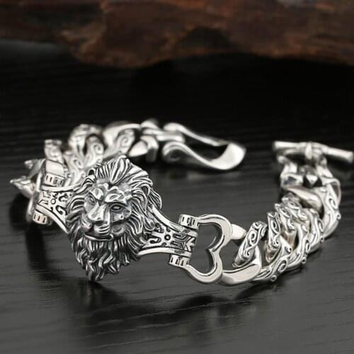Heavy Real 925 Sterling Silver men mens power lion Thai Punk Rock retro Link chain bangle Bracelet jewelry A5078
