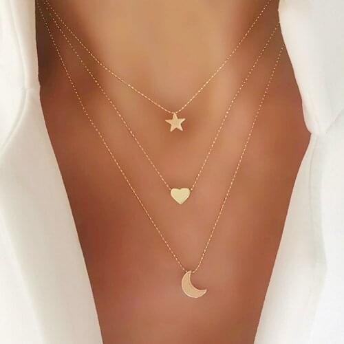 Vintage Multi Layer Choker Moon Star Love Necklace Women Charming Clavicle Chain Pendant Travel Holiday Jewelry Gifts