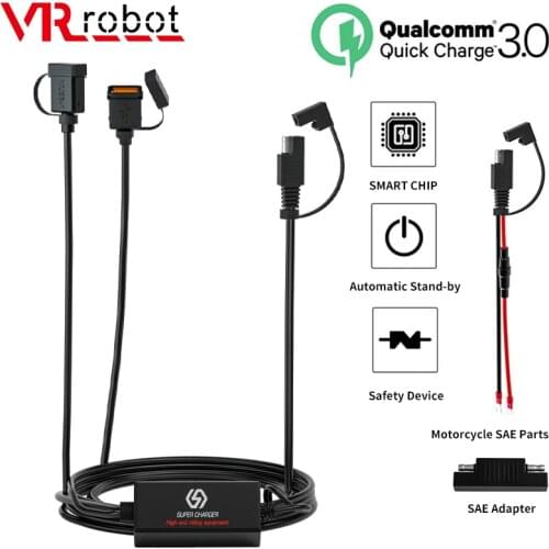 VR-robot 18W Motorcycle QC 3.0 USB Charger Waterproof SAE To USB Charger 12-24V Motor Fast Charging For Phone Tablet GPS