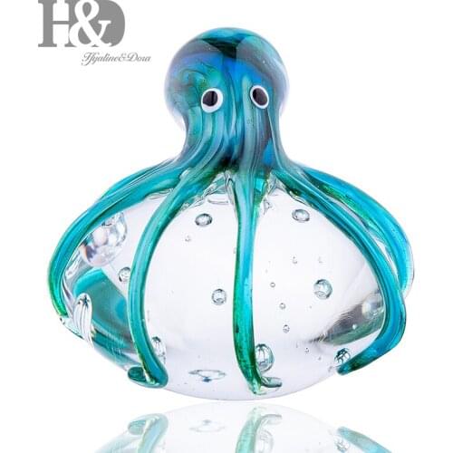 H&D Handmade Octopus Blown Glass Figurine Gift for Christmas, Birthday Home Decor Blue-Green Paper Weight