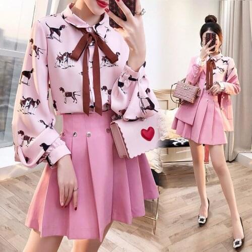 Womens British Winter Professional Three-Piece Suits Pink Suit Jacket + Bow Shirt + Pleated Skirt Female Sets