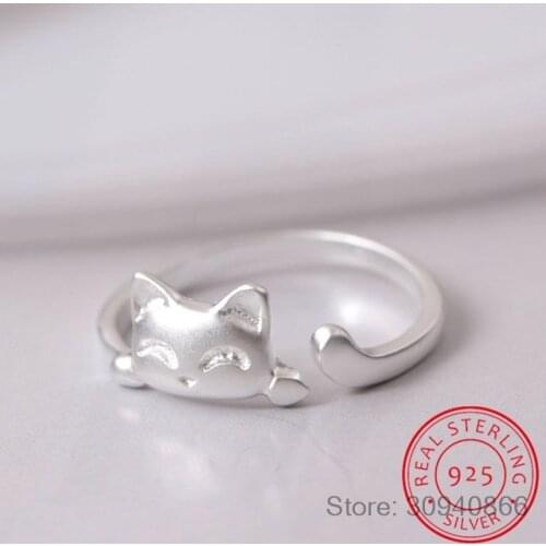 925 Sterling-silver-jewelry Cute Smiley Cat Open Rings For Women High Quality Girl Gift Bague Femme