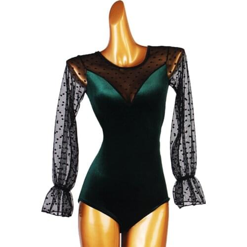 New Latin Dance Tops Women Adult Lace Long Sleeve Green Velvet Jumpsuit Modern Ballroom Dance Stage Performance Clothes DQL5221