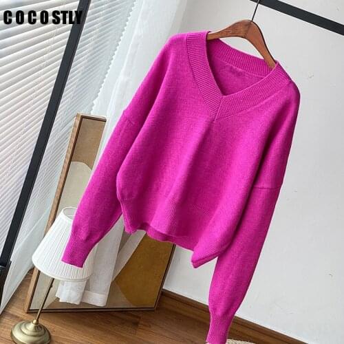 New Autumn Za Women Sweater Solid Color Loose V-neck Knitted Pullover Retro Long Sleeve Female Knitted Jumper Soft Sweater