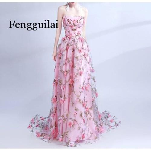 Long Dress Sweep Train Banquet Lace Appliqued Flowers Party Dresses Robe De Soiree