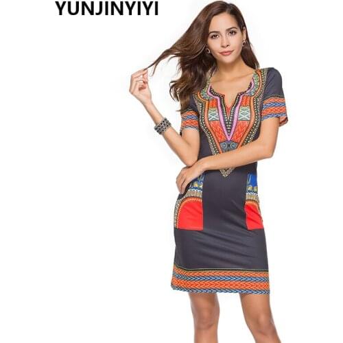 Ethnic Style Print Dashiki Dress Women Short Sleeve Traditional Sexy V Neck Summer Dresses for Woman Plus Size Clothing