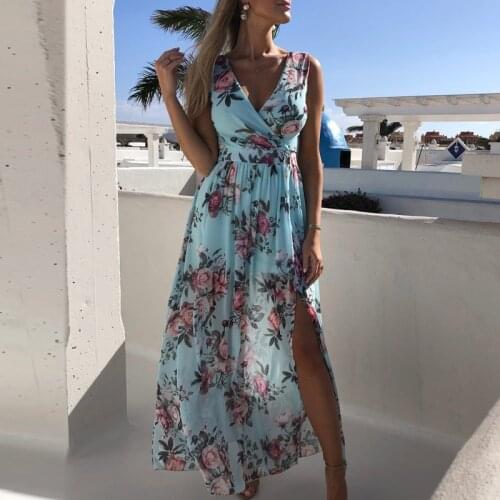 Women Sexy Deep V-neck Floral Print Boho Dress Summer Elegant Sleeveless Beach Dress Ladies Chiffon High Split Maxi Dress