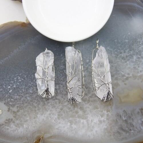 1pcs Rough Clear Crystal Pendants,Natural White Quartz Stick Silvers Wire Wrapped Tree of Life Necklace DIY Jewelry Womans Gift