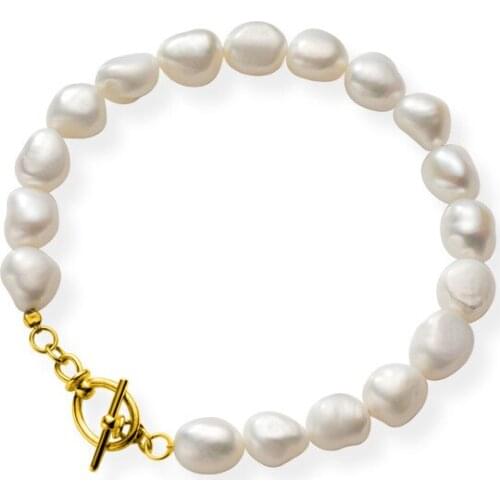 100% real. 925 Sterling silver Fine Jewelry Freshwater Pearl Baroque "O T" Chain Bracelet Toggle womens C-S4182