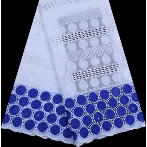 White with blue embroidered African dry cotton lace fabric 2019 high quality Nigerian voile with stones lace fabric for dress