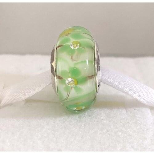Original Green Daisy Blossom Flower Lampwork Murano Glass Bead Fit 925 Sterling Silver Charm Bracelet Bangle DIY Jewelry
