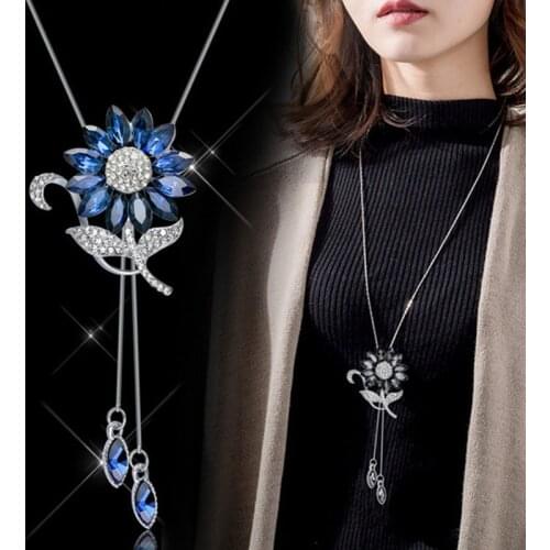 Length 75cm Sunflower Necklace Blue Grey White Crystal Long Chain Sweater Chain Jewelry High Quality Party Dress Accessories