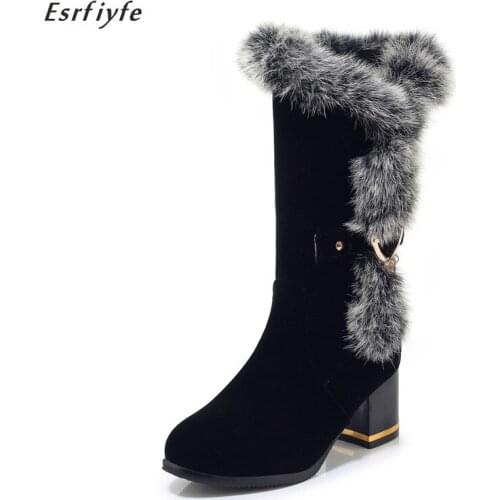 ESRFIYFE 2020 New Woman Warm Plush Winter Female Shoes Side Zipper Faux Fur Flock Snow Boots High Top Thick Heels Womens Shoes