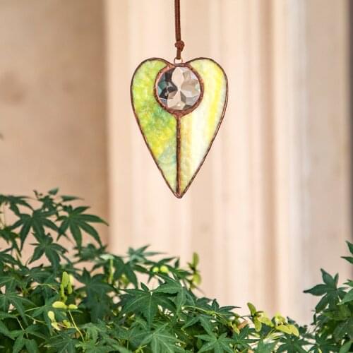 H&D Handcrafted Heart Stained Glass Suncatcher Window Panel Rainbow Wall Art Ornament Hanging Pendant for Home Garden Decor Gift