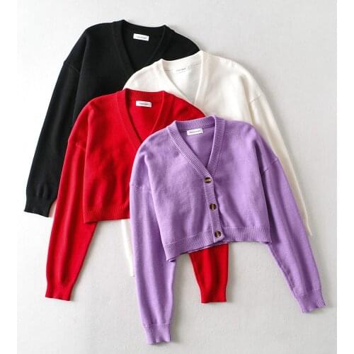 Fashion Short Crop Top Girls High Waist Long Sleeve Loose Knitted Cardigan Female Purple Button Up V-neck Sweater Cute Knit Top