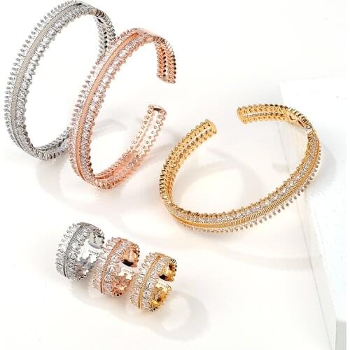 Fashion Unique Cubic Zirconia Baguette Bracelet & Ring Geometic Cuff Bangle Luxury Womens Wedding Party Jewelry Accessaries Gift