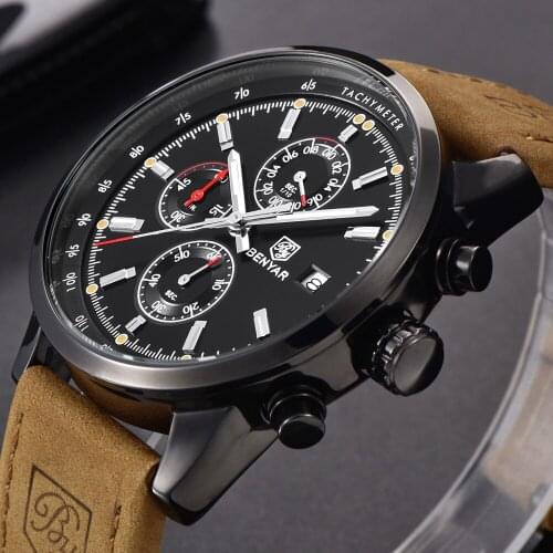 Benyar Men Watch Top Brand Luxury Male Leather Waterproof Sport Quartz Chronograph Military Wrist Watch Men Clock Male relogio