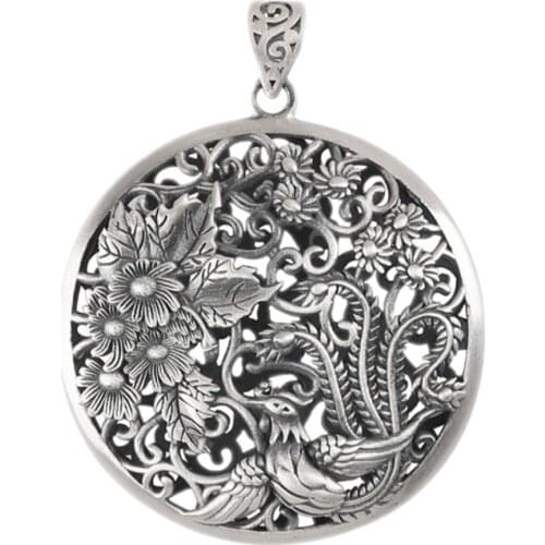 New S990 Silver Matte Three-dimensional Hand-embossed Blooming rich Phoenix Retro Ethnic Style Sweater Chain Pendant for Woman